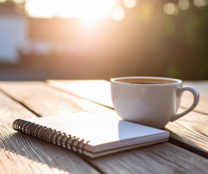 Coffee cup and journal on wooden table at sunrise representing quiet time with God