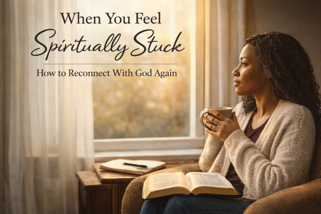 Woman reflecting with Bible and coffee by window during a quiet moment of faith when feeling spiritually stuck