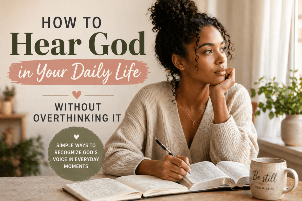 hear God in your daily life woman reading Bible and reflecting in peaceful setting