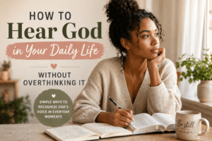 hear God in your daily life woman reading Bible and reflecting in peaceful setting