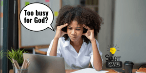 stay consistent with God busy woman feeling overwhelmed working on laptop reminder to start small in faith